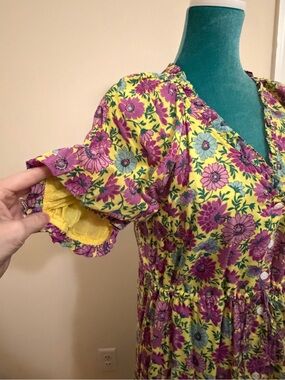 Banjanan Yellow Poppy Dress Daisy Lemon Floral Print Sz Large